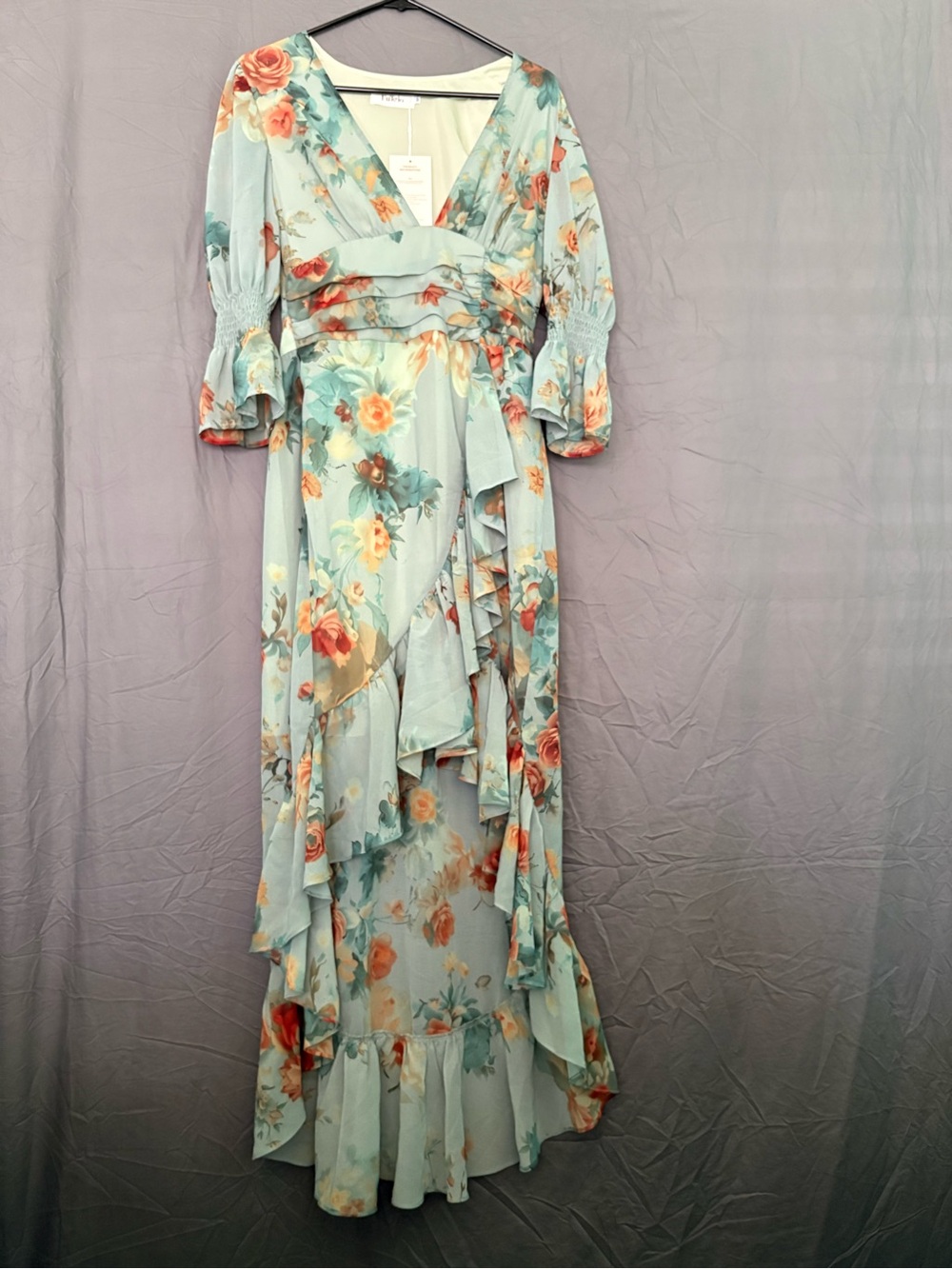 Mint Floral High-Low Wrap Dress with Ruffle Trim